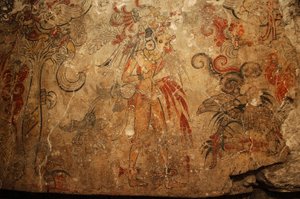 Maya; Maya Muurschilderingen; San Bartolo; Guatemala; Dr. Bill Saturno, 2005 (foto) door Kenneth Garrett