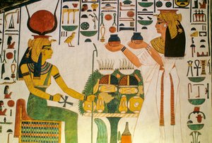 Graf van Nefertari; Nefertari biedt wijn aan een groep goden; Egypte, Vallei der Koningen door Kenneth Garrett
