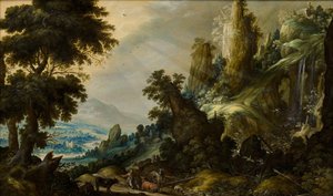 Berglandschap met waterval, 1605-1609