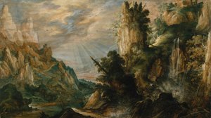 Een bergachtig landschap met een waterval, ca. 1600