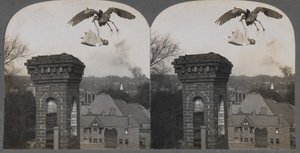 In vroegere tijden, als mensen goed waren, bracht de ooievaar een lieve en mooie baby, 1907 door Keystone View Company