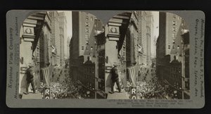 Broad St. bij Wall St., met uitzicht op de "Curb Market," noordwaarts naar Stock Exchange en Sub-Treasury, New York City door Keystone View Company