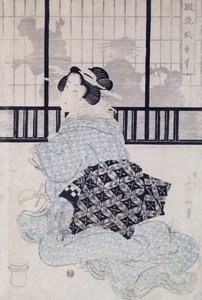Een courtisane met een shamisen (kleur houtsnede) door Kikukawa Eizan