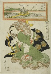 Neerdalende ganzen bij Katada (Katada rakugan), uit de serie "Modieuze acht uitzichten van Omi (Furyu Omi hakkei)" door Kikukawa Eizan