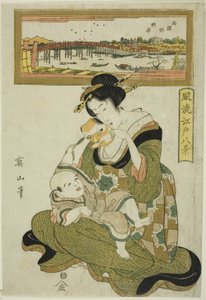 Genieten van de avondkoelte bij de Ryogoku-brug (Ryogokubashi noryo), uit de serie "Modieuze acht gezichten van Edo (Furyu Edo hakkei)"