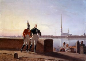 De Russische Tsaar Alexander I (1777-1825) en zijn broer Constantijn aan de rand van de Neva