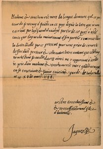 Brief van Koning James VI 1566-1625 aan zijn Moeder, Koningin Mary 1542-1587, 1584-5