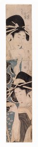 Twee courtisanes, een met een sakekopje, ca. 1795-1804 (kleur houtsnede) door Kitagawa Kikumaro