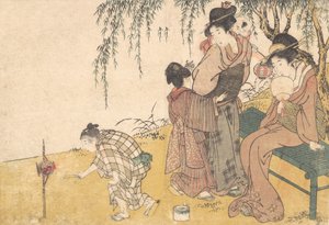 Een kind dat vuurwerk aansteekt, uit het geïllustreerde boek Bloemen van de Vier Seizoenen, 1801 door Kitagawa Utamaro