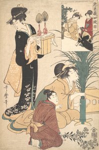 Een vrouw en een man die bloemen schikken voor het Tsukimi-maanfeest door Kitagawa Utamaro