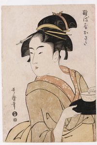 Een busteportret van de serveerster Okita van het Naniwaya Theehuis