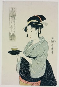Een Halflang Portret van Naniwaya Okita, die de Beroemde Theehuis Serveertster een Kopje Thee Serveert