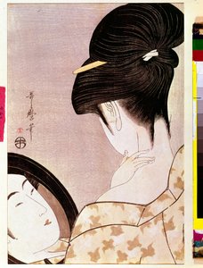 Een vrouw die haar nek poedert met schaduw Japanse prent door Utamaro Kitagawa (1753-1806) - Zon 0,37x0,22 m - 1795-1796 - Parijs, Musee Guimet, Nationaal Museum van Aziatische Kunsten