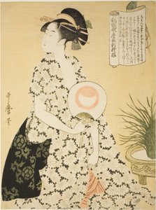 Schoonheid in een zomerkimono, uit de serie "Nieuwe patronen van brokaat geweven in Utamaro-stijl" ("Nishiki-ori Utamaro-gata-shinmoyo")