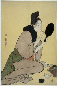 Bijin-ga. Meisje brengt make-up aan op haar lippen door Kitagawa Utamaro