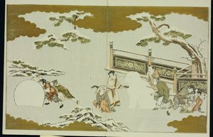 Kinderen maken een sneeuw shishi en rollen een sneeuwbal, uit "De Zilveren Wereld" door Kitagawa Utamaro