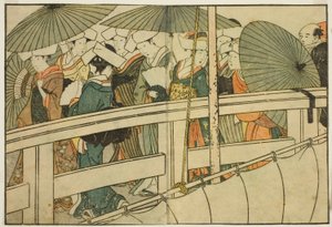 Een Brug Oversteken in de Zomer, uit het geïllustreerde boek "Prentenboek: Bloemen van de Vier Seizoenen (Ehon shiki no hana)," deel 1