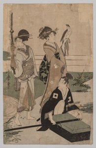 Daimio en zijn gevolg steken een stroom over in de vlakte bij Fuji door Kitagawa Utamaro