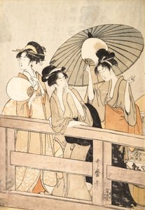 Genieten van de koele avondbries op en onder de brug, ca. 1800 door Kitagawa Utamaro
