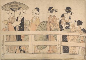 Genieten van de koele avondbries op de brug, ca. 1800 door Kitagawa Utamaro