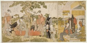 Genieten van de koelte in een tuin door Kitagawa Utamaro