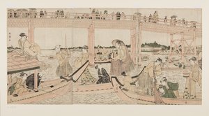 Vissersboten met netten onder de Ryogoku-brug door Kitagawa Utamaro