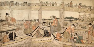Vissersboten met netten onder de Ryogoku-brug door Kitagawa Utamaro