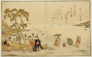 Schelpen Verzamelen bij Eb, uit het geïllustreerde boek "Giften van de Eb" door Kitagawa Utamaro