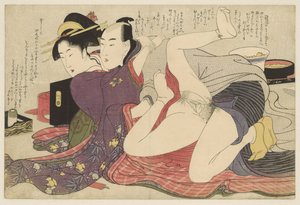 Geisha in kimono met lange mouwen en haar geliefde