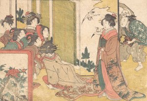Meisjes vermaakt door artiesten, uit het geïllustreerde boek Bloemen van de Vier Seizoenen, 1801 door Kitagawa Utamaro