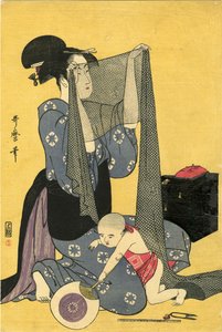 Hari-shigoto Naaldwerk. Drieluik, linker deel, 1795 door Kitagawa Utamaro
