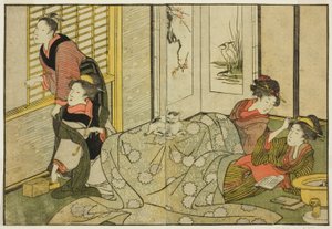 Interieur op een sneeuwachtige dag, uit het geïllustreerde boek "Prentenboek: Bloemen van de Vier Seizoenen (Ehon shiki no hana)," deel 2
