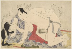 Jong getrouwd stel, de liefde bedrijvend op een zomerslaapmat door Kitagawa Utamaro