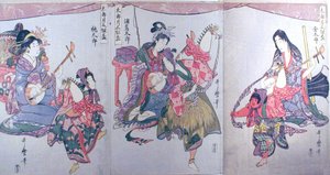 Kintaro, Urashimataro en Momotaro, van het drieluik "Set van drie sakebekers voor de eerste maand (Tarozuki mitsugumi sakazuki)". door Kitagawa Utamaro