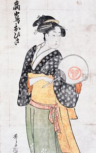 Ohisa van Takashima theehuis, vrouw in kimono met waaier, ukiyo-e kunstdruk door Kitagawa Utamaro, Edo periode door Kitagawa Utamaro
