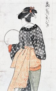 Ohisa van Takashima theehuis, vrouw in kimono met waaier, ukiyo-e kunstdruk door Kitagawa Utamaro (1753-1806), houtsnede, Japanse beschaving, Edo-periode door Kitagawa Utamaro