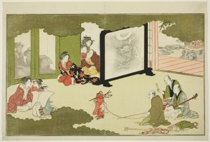 Optreden van een Getrainde Aap, uit een geïllustreerde poëziebundel getiteld "De Jonge God Ebisu (Waka Ebisu)" door Kitagawa Utamaro