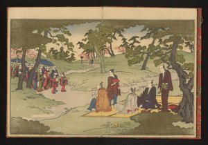 Picknicken en thee drinken in de heuvels van Ueno, Edo