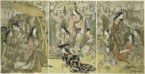 Afbeelding van Hideyoshi en zijn Vijf Vrouwen die Kersenbloesems Bekijken in Higashiyama door Kitagawa Utamaro