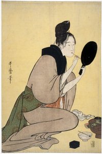 Meisje dat make-up aanbrengt op haar lippen door Kitagawa Utamaro