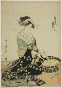 De courtisane Kisegawa van de Matsubaya, uit een ongetitelde serie courtisanes van de Matsubaya als vijf muzikanten door Kitagawa Utamaro
