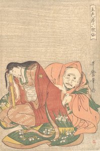 De dichter Sojo Henjo 816-890 die een brief in de mouw van een vrouw stopt door Kitagawa Utamaro