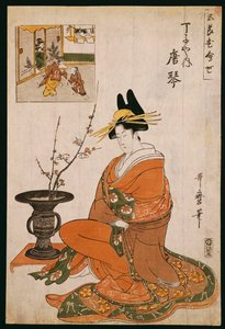 De courtisane, Karakoto van de Chojiya, zittend bij een arrangement van pruimenbloemen door Kitagawa Utamaro