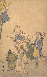 Drie feestvierders van de lagere klassen, met Komuso-hoeden door Kitagawa Utamaro