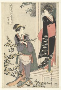 Twee vrouwen bij een bloeiende yamabuki struik: de tweede akte door Kitagawa Utamaro