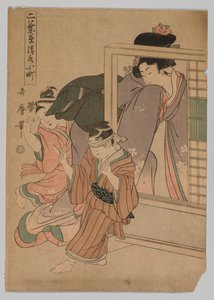 Twee kinderen en een vrouw spelen Blindemannetje, 1753-1806 door Kitagawa Utamaro