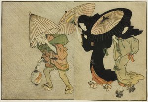 Twee Vrouwen en Bediende Gevangen in een Storm, uit het geïllustreerde boek "Prentenboek: Bloemen van de Vier Seizoenen (Ehon shiki no hana)," deel 2 door Kitagawa Utamaro