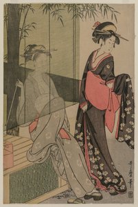 Twee vrouwen bij een bamboegordijn door Kitagawa Utamaro