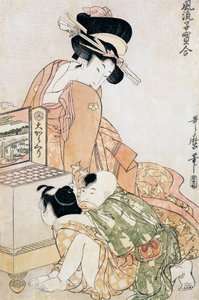 Twee kinderen kijken in een grote optische doos door Kitagawa Utamaro