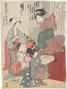 Serveersters in een theehuis (Ebisu-ya): Twaalf prenten van mooie vrouwen door Kitagawa Utamaro